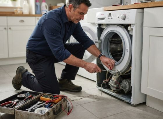 Technicians repair washing machine in Dubai
