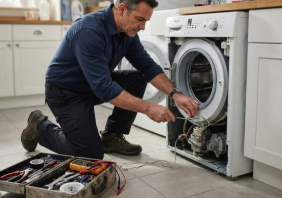 Technicians repair washing machine in Dubai